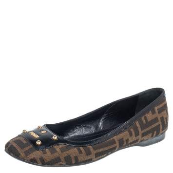 Pre Owned Fendi Tobacco Zucca Canvas And Patent Trim Ballet Flats Size 40