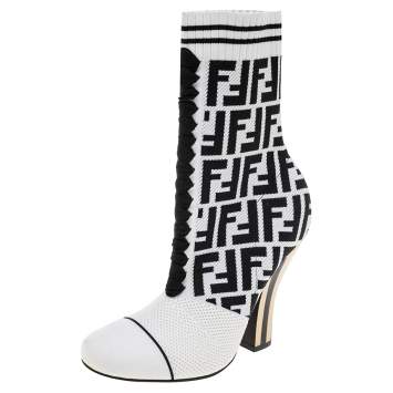 Pre Owned Fendi White/Black FF Knit Fabric Sock Boots Size 38