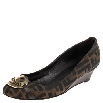 Pre Owned Fendi Brown Zucca Canvas And Leather  Wedge Pumps Size 38.5