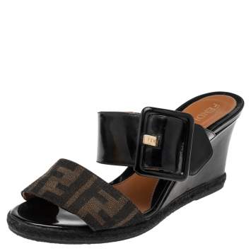 Pre Owned Fendi Black Patent Leather and Tobacco Zucca Canvas Demi Wedge Slides Size 36
