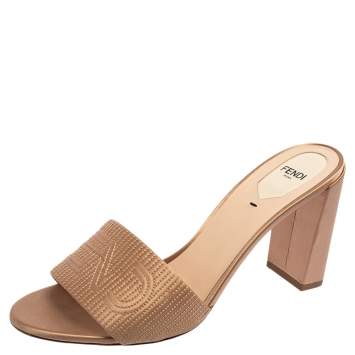 Pre Owned Fendi Beige Satin Logo Slide Sandals Size 41