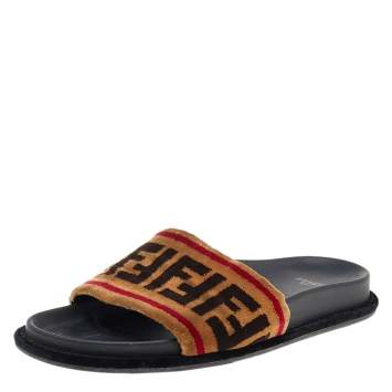 Pre Owned Fendi Brown Zucca Velvet Flat Slide Sandals Size 38