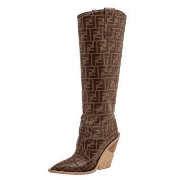 مملوكة مسبقًا Fendi Brown FF Zucca Coated Canvas Knee Length Wooden Heel Boots Size 39