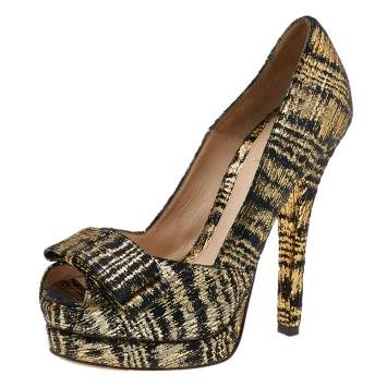 Pre Owned Fendi Black/Gold Suede Peep Toe Platform Pumps Size 37