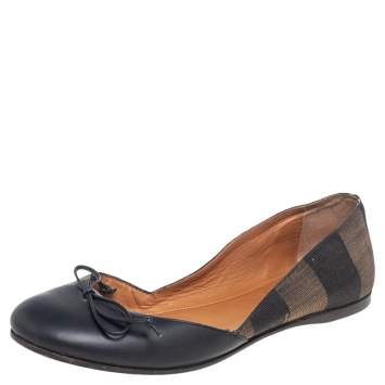 Pre Owned Fendi Brown/Black  Leather And Canvas Toe Ballet Flats Size  38