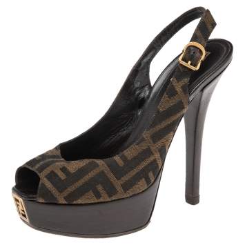 Pre Owned Fendi Tobacco Zucca Canvas Fendista Platform Slingback Sandals Size 38