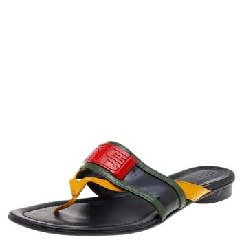 Pre Owned Fendi Multicolor Patent Leather Logo Embellished Thong Flats Size 37.5