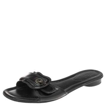 Pre Owned Fendi Black Patent Leather B-Buckle Flat Slides Size 38.5