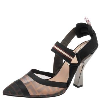 Pre Owned Fendi Multicolor Mesh And Leather Colibrì Slingback Pumps Size 38.5