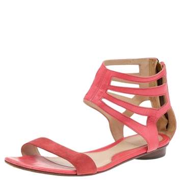 Pre Owned Fendi Coral Orange Leather and Suede Ankle Strap Flat Sandals Size 36.5