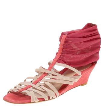 Pre Owned Fendi Coral Orange/Beige Mesh and Suede Crisscross Wedge Sandals Size 40
