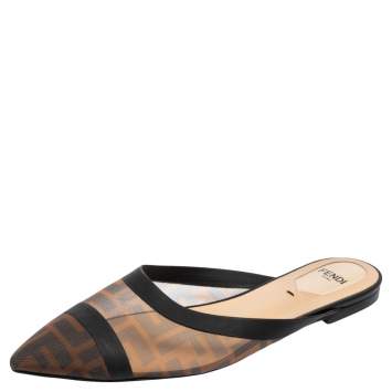 Pre Owned Fendi Tobacco FF Logo Print Mesh Colibri Flat Mules Size 37