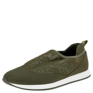 Pre Owned Fendi Green FF Vertigo Knit Fabric and Nylon Slip On Sneakers Size 39