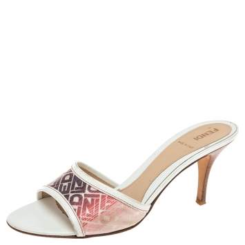 Pre Owned Fendi Multicolor Logo Leather and Fabric Slide Sandals Size 37