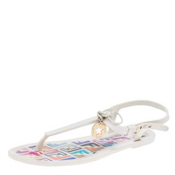 Pre Owned Fendi White Jelly Logo Charm Sunny Thong Flat Sandals Size 39