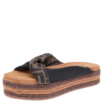 Pre Owned Fendi Black/Brown FF Satin Plateau Platform Espadrilles Sandals Size 37