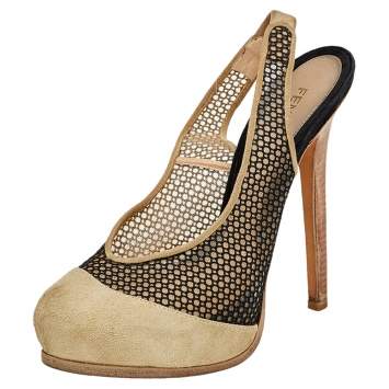 Pre Owned Fendi Beige/Black Suede And Mesh Platform Slingback Sandals Size 38