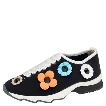 Pre Owned Fendi Black Neoprene Flowerland Slip On Sneakers Size 35