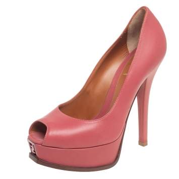 Pre Owned Fendi Coral Pink Leather Fendista Peep Toe Platform Pumps Size 38.5