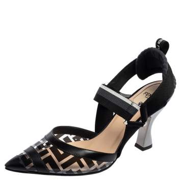 Pre Owned Fendi Black/Grey PVC, Leather and Fabric Colibri Slingback Pumps Size 37