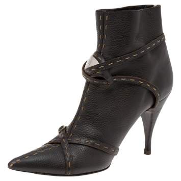 Pre Owned Fendi Brown Leather Ankle Length Boots Size 39.5