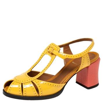 Pre Owned Fendi Yellow/Pink Patent And Lizard Embossed Leather Chameleon Block Heel Sandals Size 36