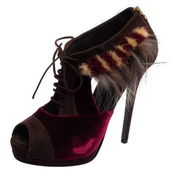 Pre Owned Fendi Burgundy/Brown Velvet, Suede and Fur Trim Lace-Up Peep-Toe Ankle Booties Size 40