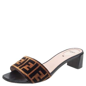 Pre Owned Fendi Brown FF Zucca Velvet Slide Sandals Size 40