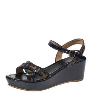 Pre Owned Fendi Brown/Blue Zucca Canvas and Patent Leather Wedge Sandals Size 38