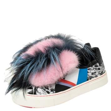 Pre Owned Fendi Multicolor Printed Leather Faux Fur Flynn Low-Top Sneakers Size 38