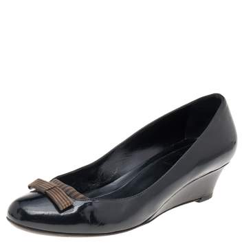 Pre Owned Fendi Black Patent Leather Bow Pumps Size 38