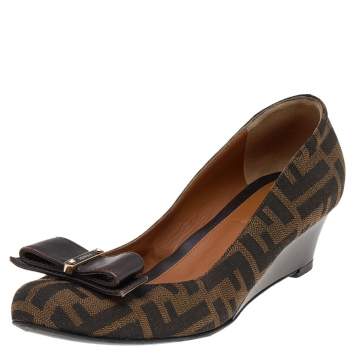 Pre Owned Fendi Brown FF Zucca Canvas And Leather Bow Wedge Pumps Size 38