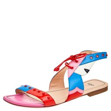 Pre Owned Fendi Multicolor Leather And Patent Leather Ankle Cuff Flat Sandals Size 37