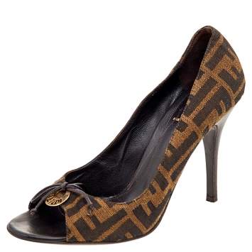 Pre Owned Fendi Brown Zucca Canvas Bow Detail Peep Toe Pumps Size 39