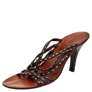 Pre Owned Fendi Dark Brown Leather Strappy Slide Sandals Size 39.5