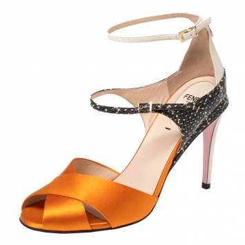 Pre Owned Fendi Multicolor Satin And Leather Criss Cross Ankle Strap Sandals Size 38