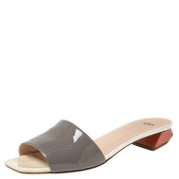 Pre Owned Fendi Grey Patent Leather Slide Sandals Size 40