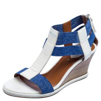 Pre Owned Fendi White/Blue Leather And Denim Carioca Wedge Sandals Size 37.5