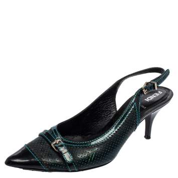 Pre Owned Fendi Black Perforated Leather Buckle Detail Pointed-Toe Slingback Pumps Size 38 