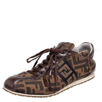 Pre Owned Fendi Brown Zucca Canvas and Leather Trim Low-Top Sneakers Size 38.5