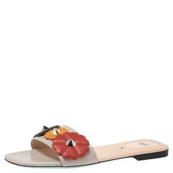 Pre Owned Fendi Multicolor Leather Flowerland Flat Slides 39