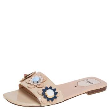 Pre Owned Fendi Beige Patent Leather Embellished Flat Slides Size 37
