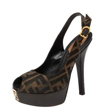 Pre Owned Fendi Black/Brown Canvas Fendista Peep Toe Slingback Platform Pumps Size 35.5