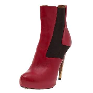 Pre Owned Fendi Red/Brown Leather And Stretch Fabric Platform Ankle Boots Size 37.5