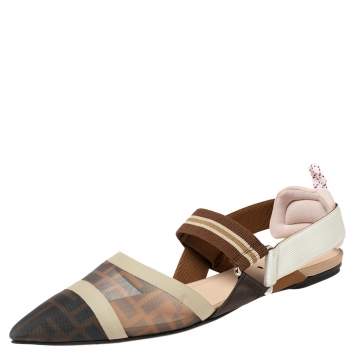 Pre Owned Fendi Brown/Black FF Mesh And Canvas Colibri Slingback Flat Sandals Size 39