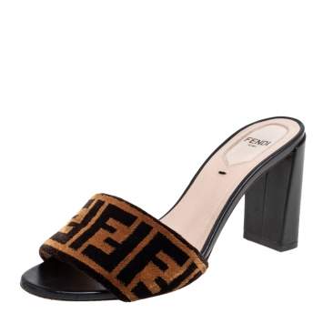 Pre Owned Fendi Brown/Black Velvet and Leather Open Toe Sandals Size 36.5