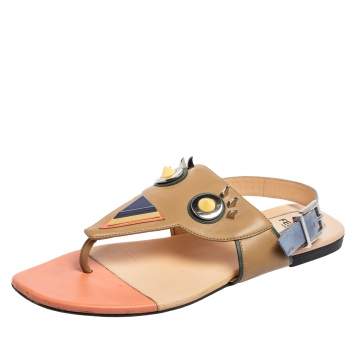 Pre Owned Fendi Multicolor Leather Monster Studded Flat Sandals Size 39.5