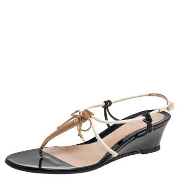 Pre Owned Fendi Tri-Color Patent Leather Bow Thong Wedge Sandals Size 41