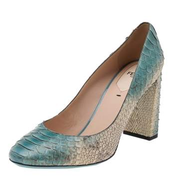 Pre Owned Fendi Blue Python Leather Block Heel Pumps Size 40