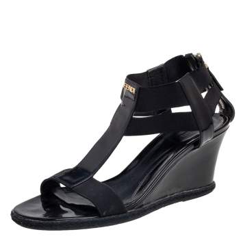 Pre Owned Fendi Black Elastic And Patent Leather Espadrille Wedge T-Strap Sandals Size 40